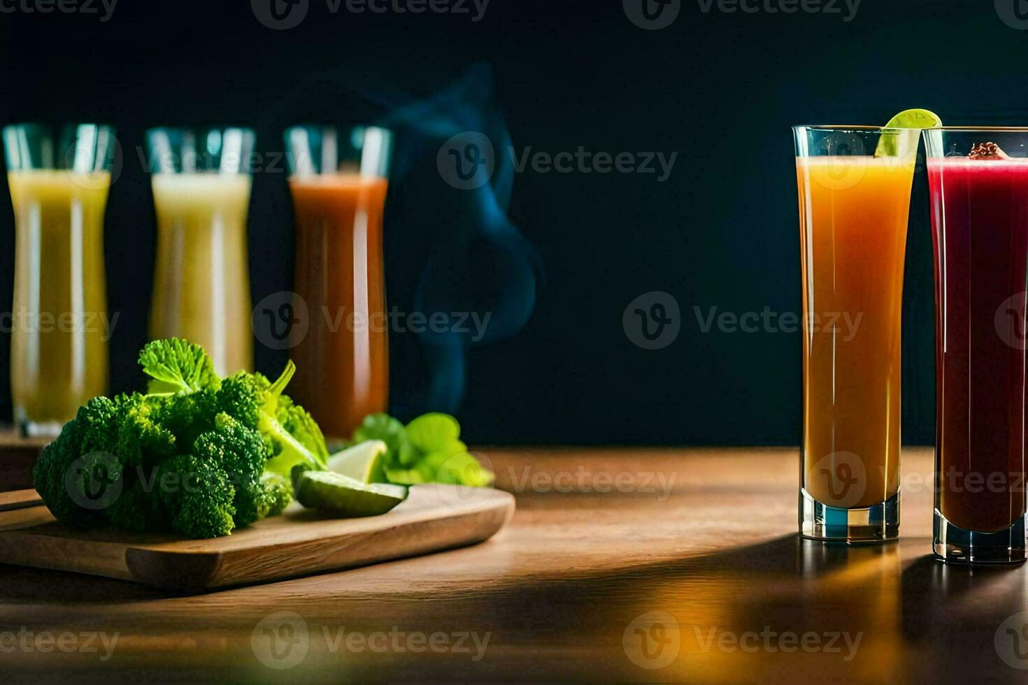 une table avec nombreuses des lunettes de jus et des légumes. généré par ai photo