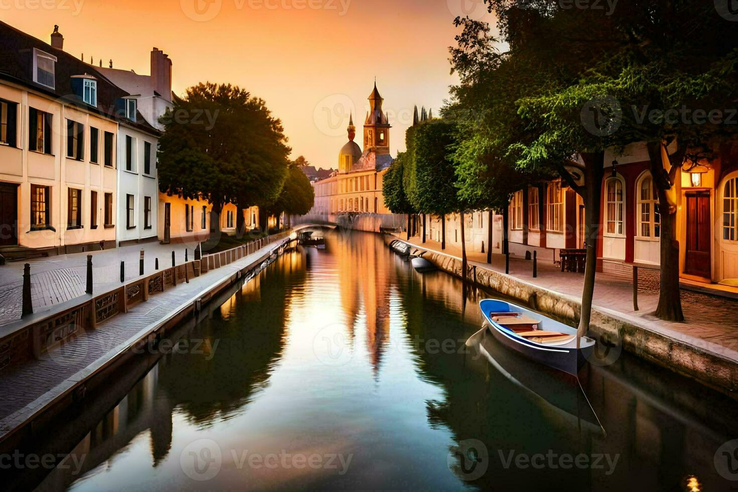 une canal dans une ville à le coucher du soleil avec bateaux. généré par ai photo