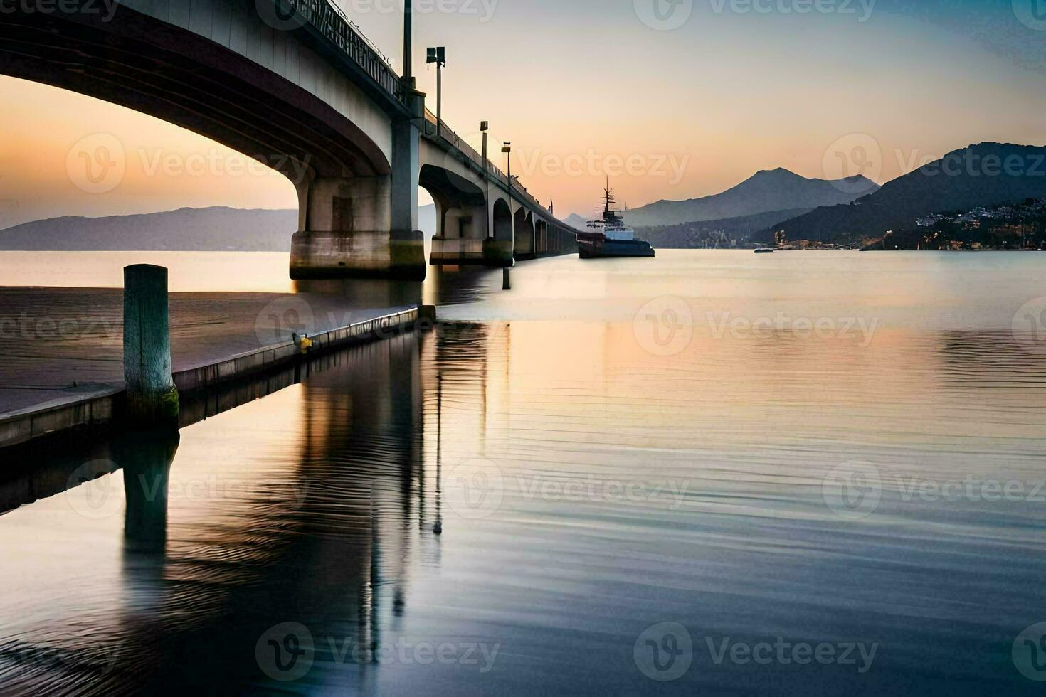 une pont plus de le l'eau à le coucher du soleil. généré par ai photo