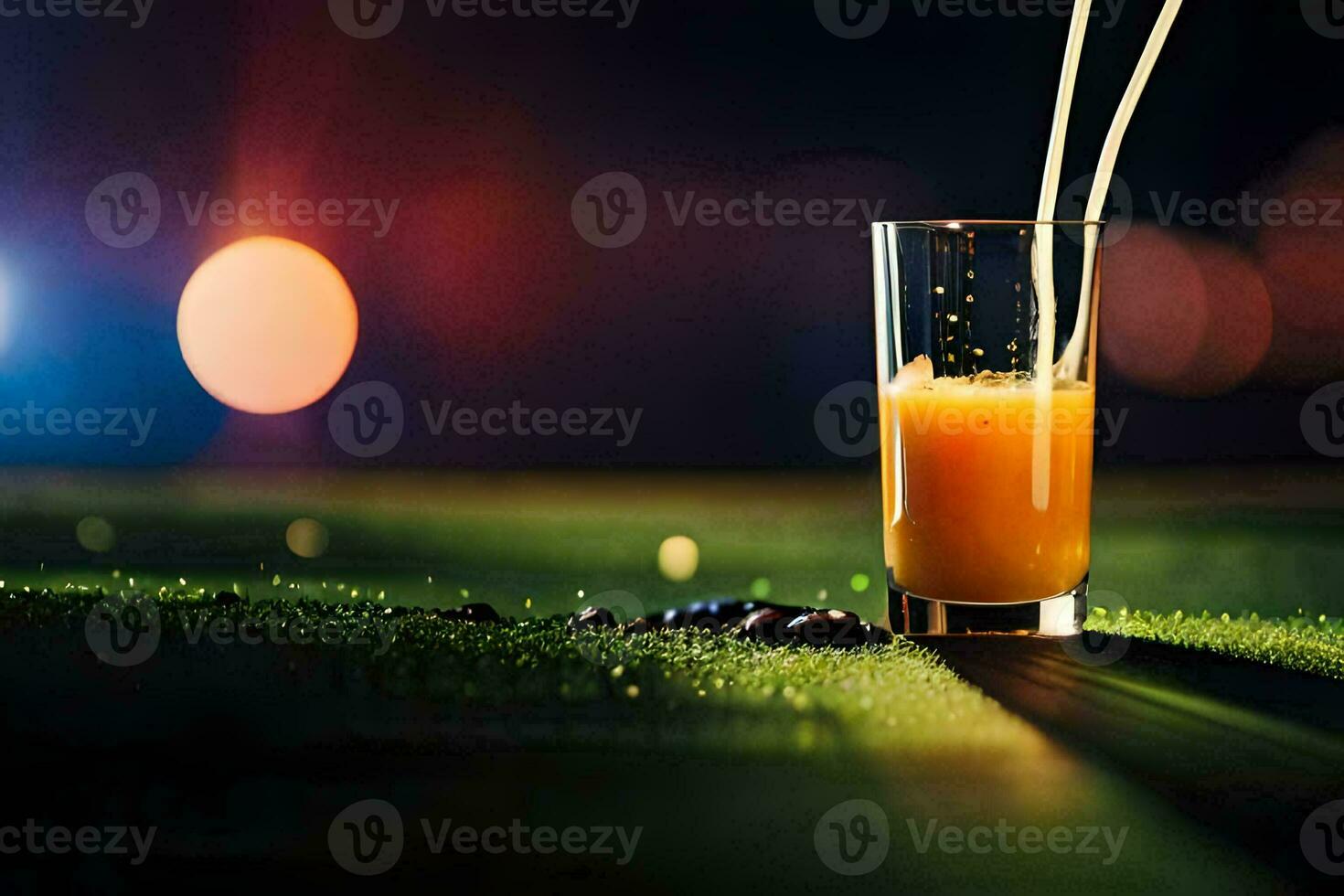 une verre de Orange jus avec baguettes sur le herbe. généré par ai photo