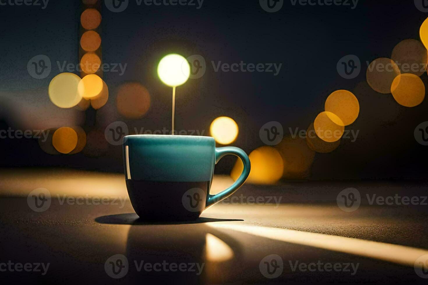 une tasse de café sur une table avec lumières dans le Contexte. généré par ai photo