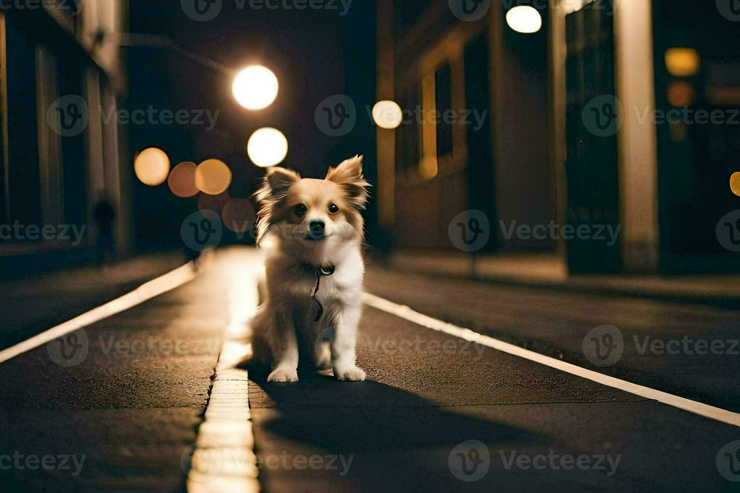 une chien séance sur le rue à nuit. généré par ai photo