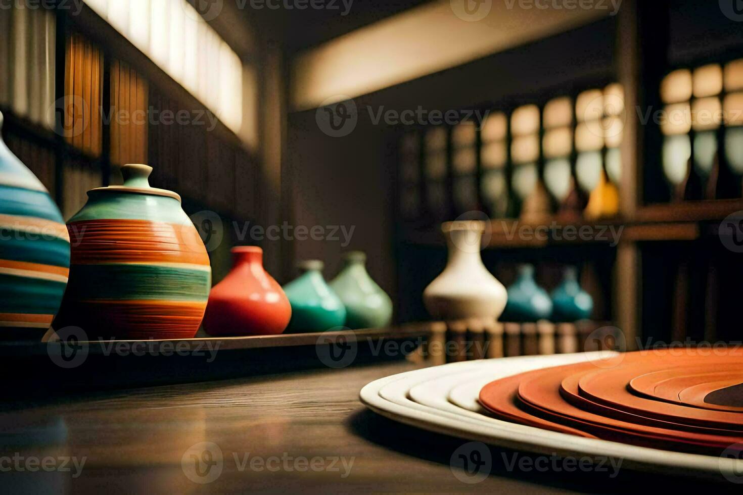 une table avec beaucoup coloré des vases sur il. généré par ai photo