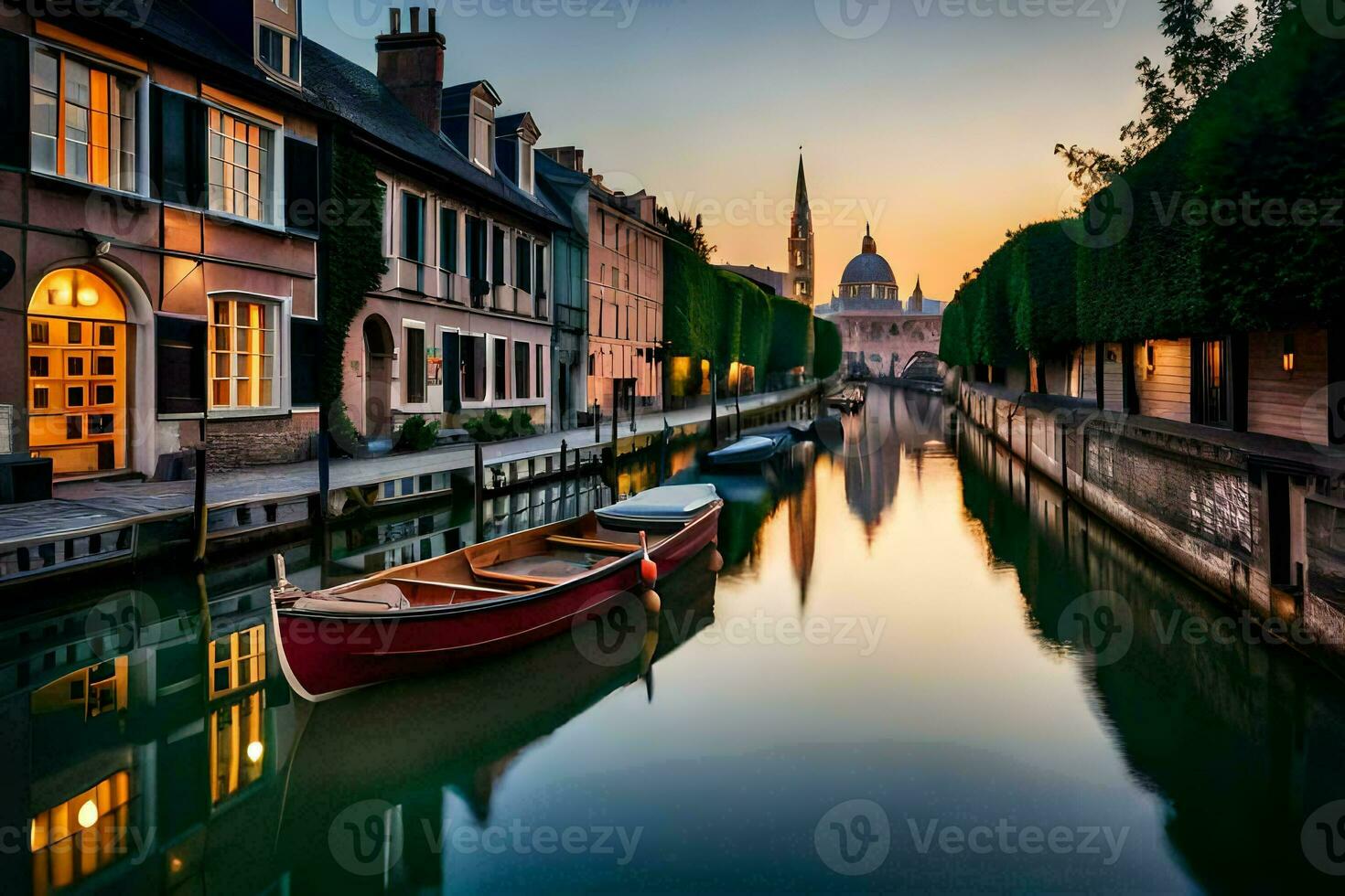 bateaux sont amarré dans une canal à le coucher du soleil. généré par ai photo