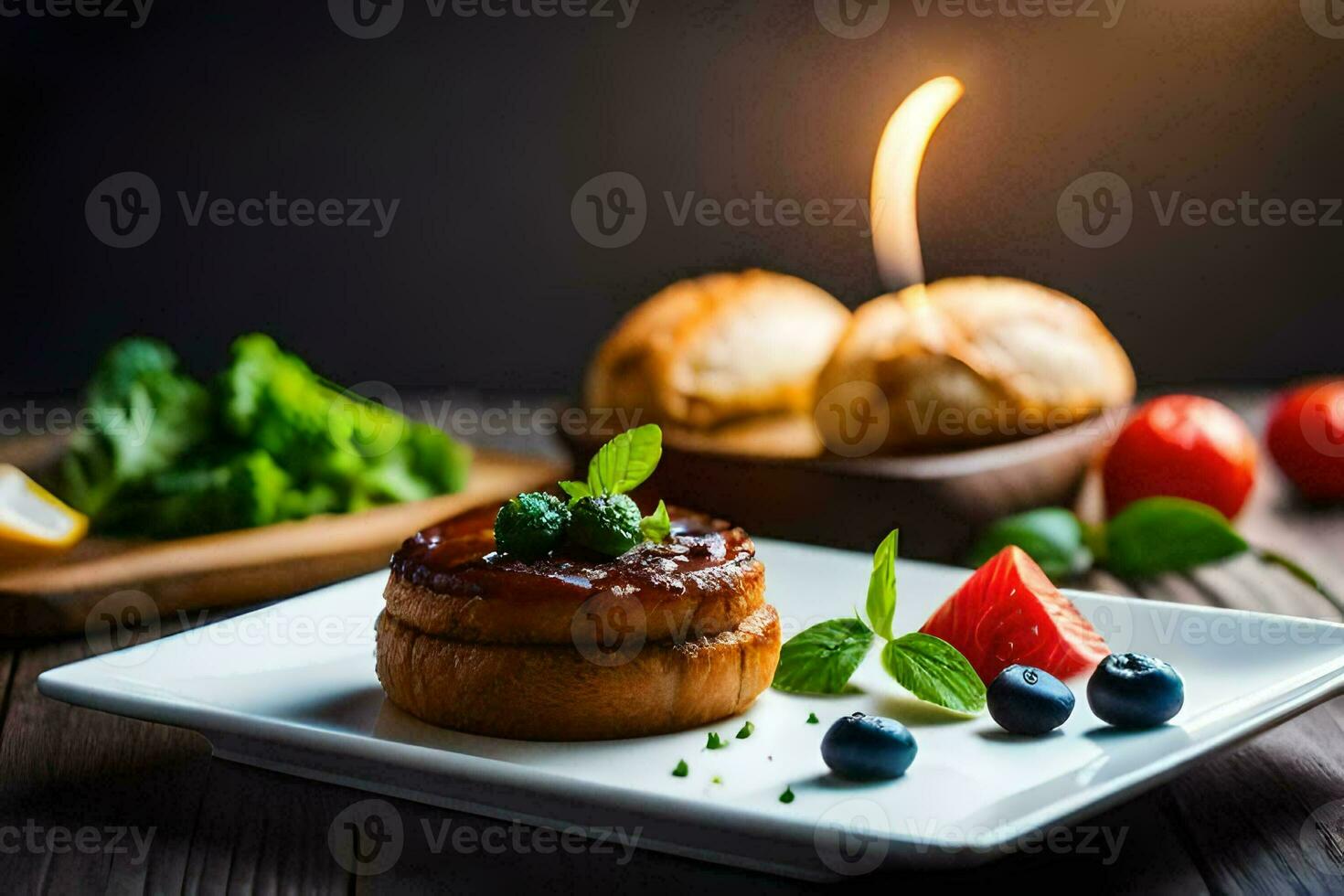 une assiette avec nourriture et une bougie. généré par ai photo