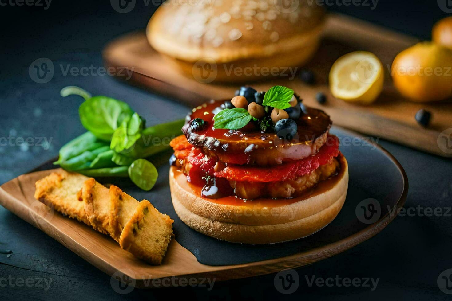 une Hamburger avec des légumes et pain sur une plaque. généré par ai photo