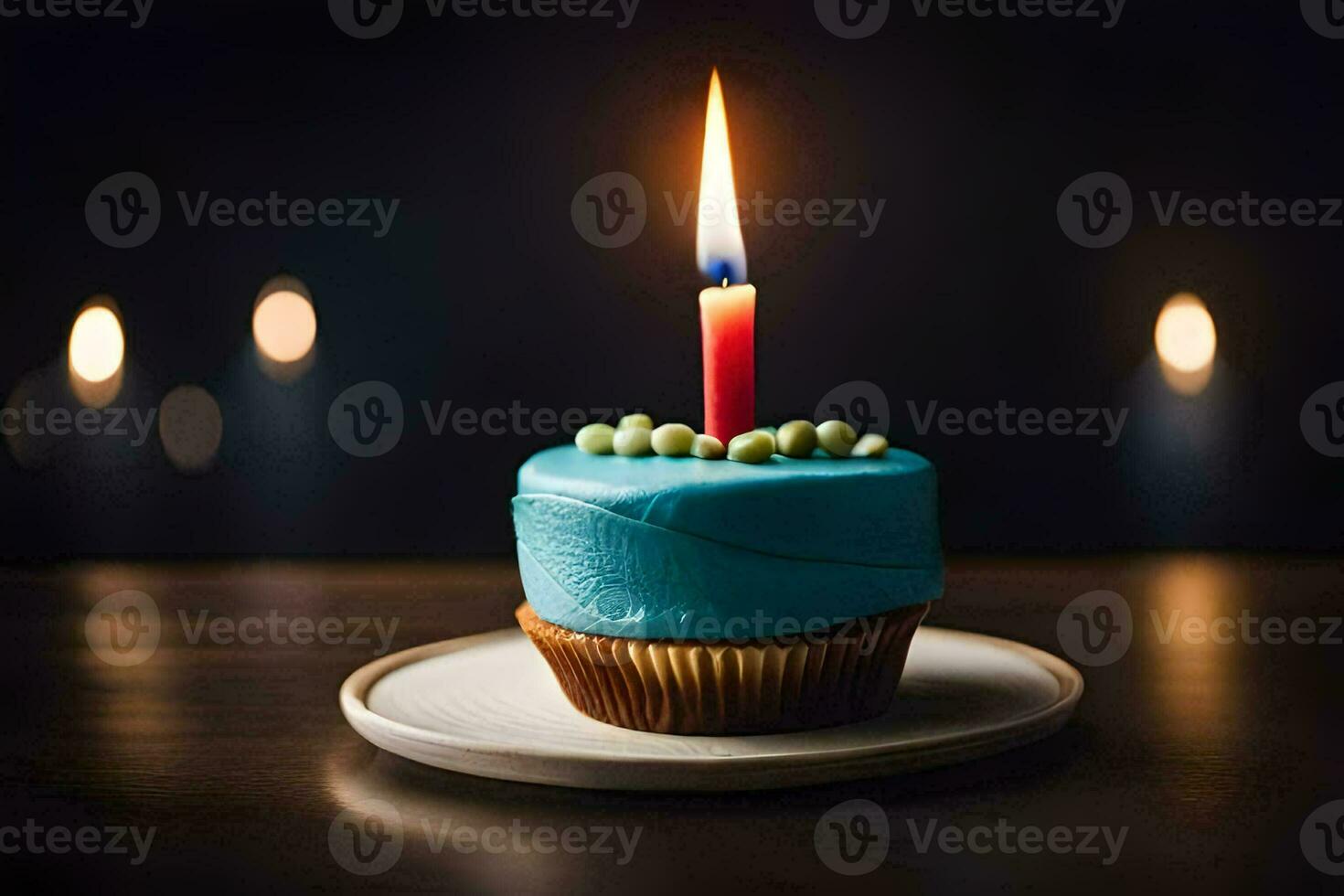 bleu anniversaire gâteau avec une allumé bougie. généré par ai photo