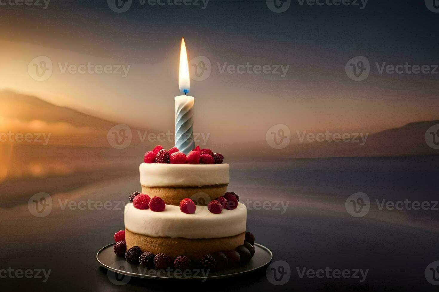 une anniversaire gâteau avec une allumé bougie sur Haut. généré par ai photo