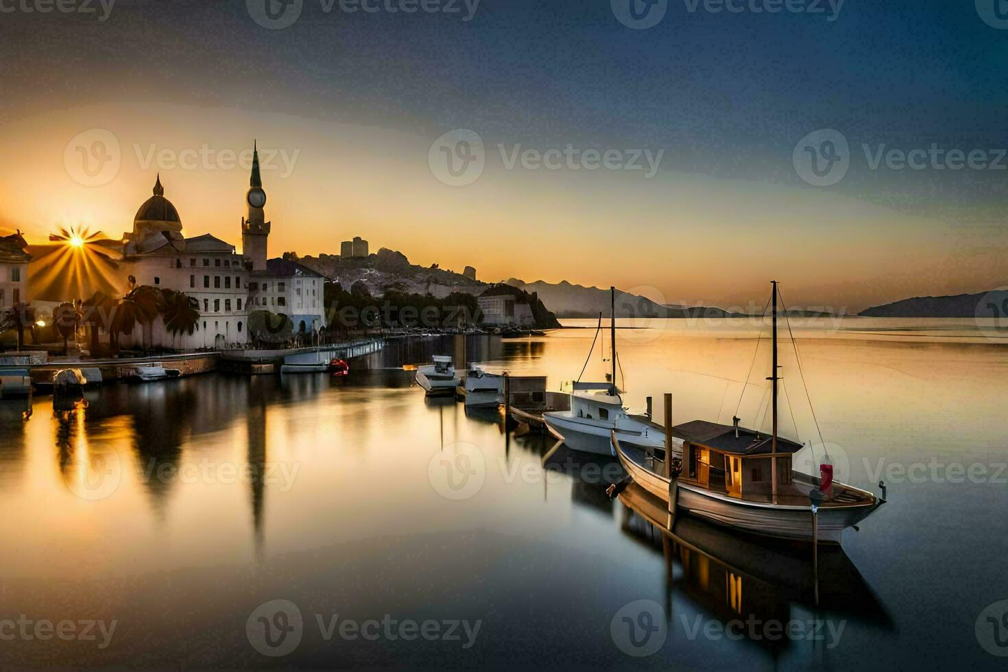 bateaux sont amarré à le coucher du soleil dans le l'eau. généré par ai photo