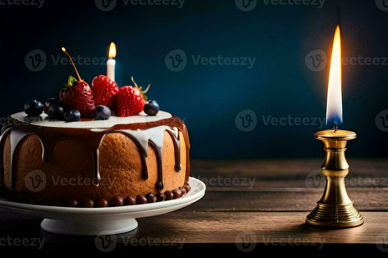 une Chocolat gâteau avec baies et bougies sur une en bois tableau. généré par ai photo