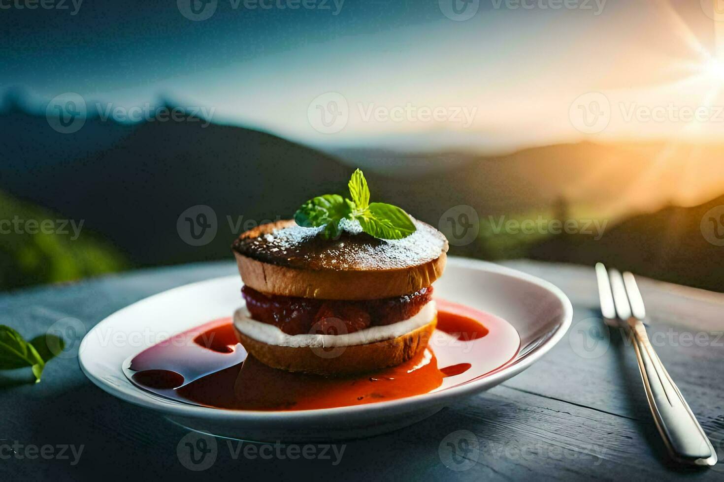 une dessert avec des fraises et crème sur une plaque. généré par ai photo