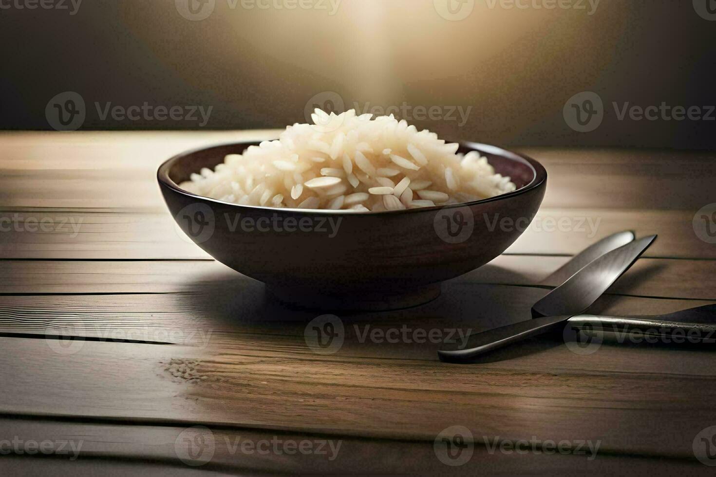 une bol de riz sur une en bois tableau. généré par ai photo