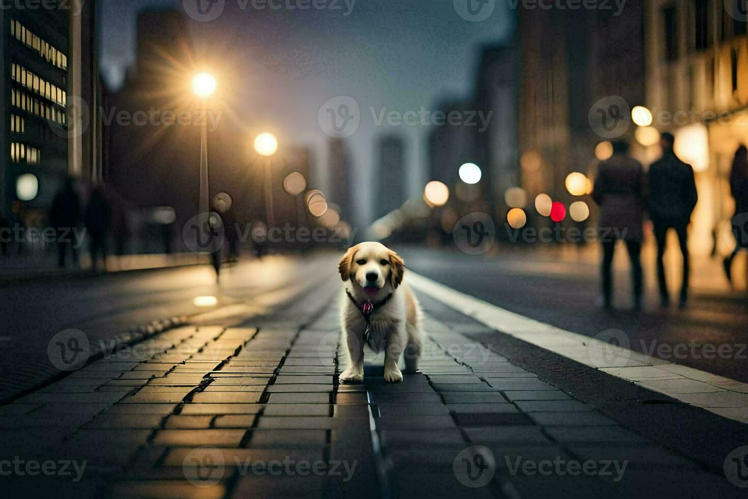 une chien en marchant vers le bas une ville rue à nuit. généré par ai photo
