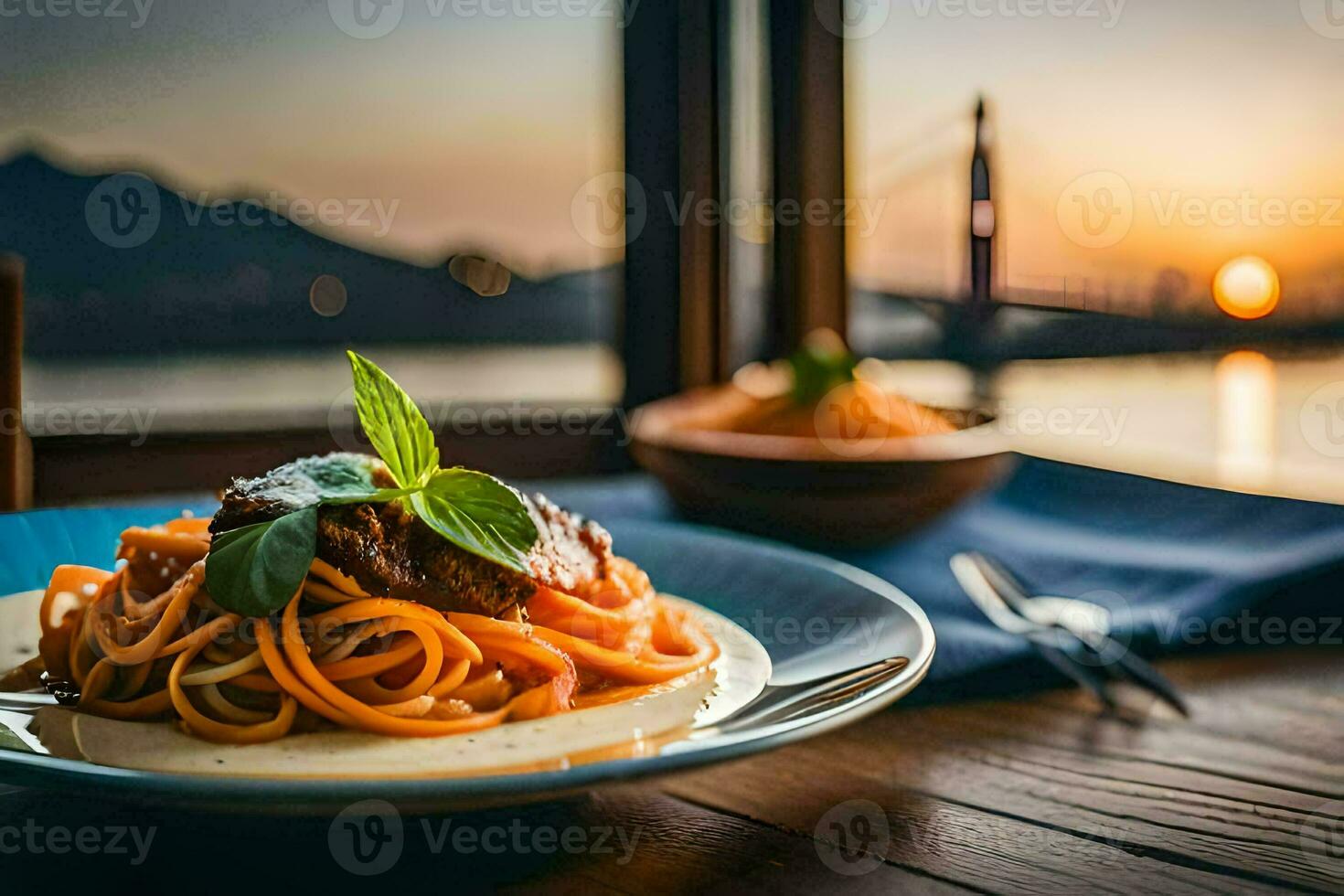 une assiette de spaghetti avec Viande et des légumes sur une table dans de face de une le coucher du soleil. généré par ai photo