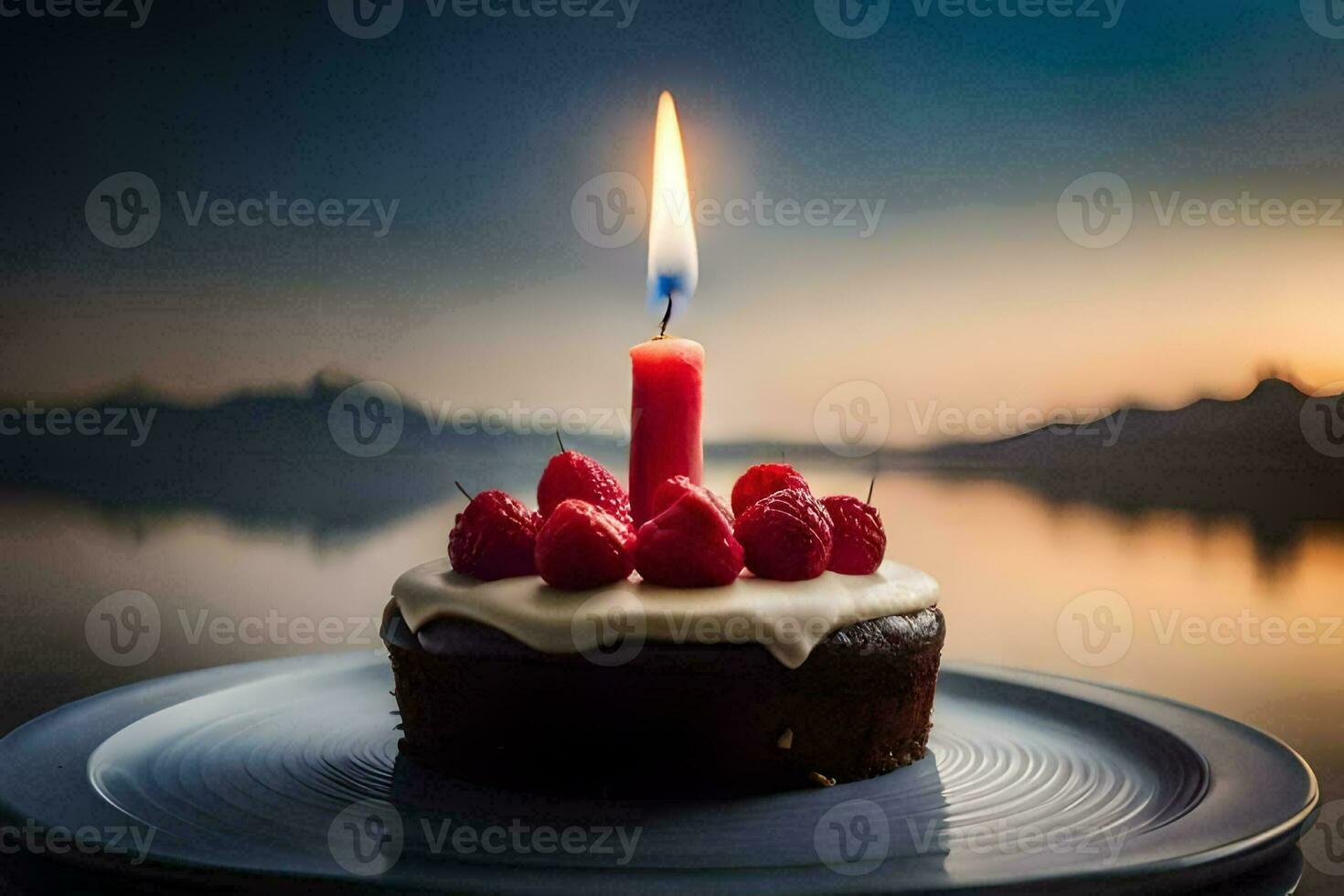 une anniversaire gâteau avec une Célibataire bougie sur Haut. généré par ai photo