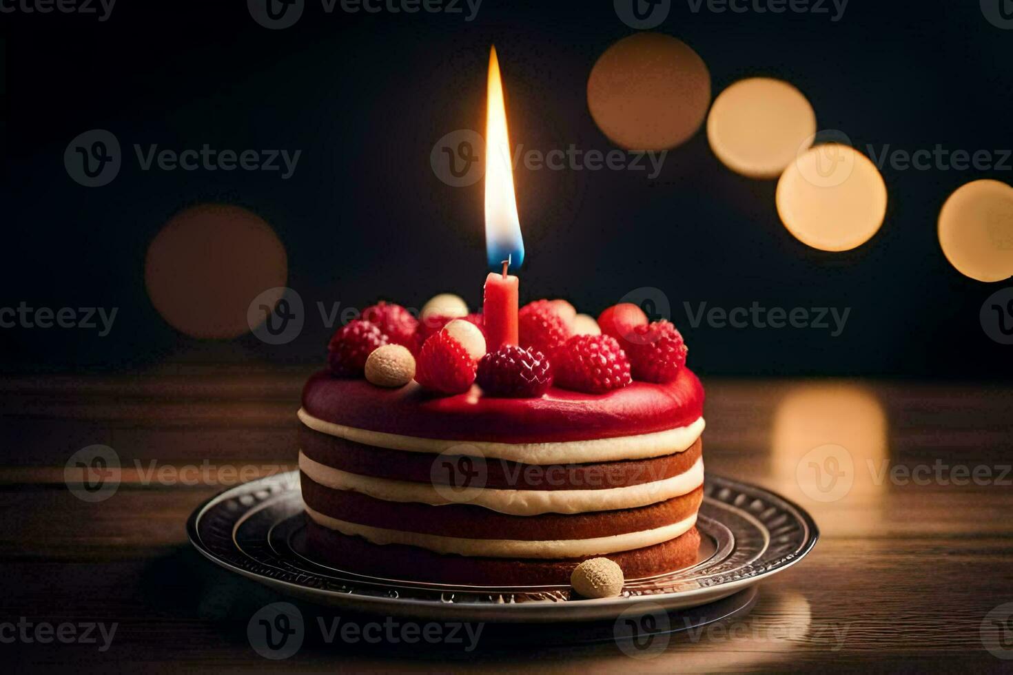 une rouge gâteau avec baies et une allumé bougie. généré par ai photo