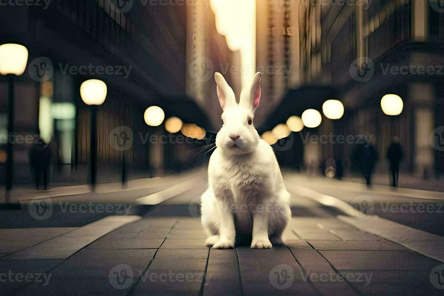 blanc lapin séance sur le rue dans une ville. généré par ai photo