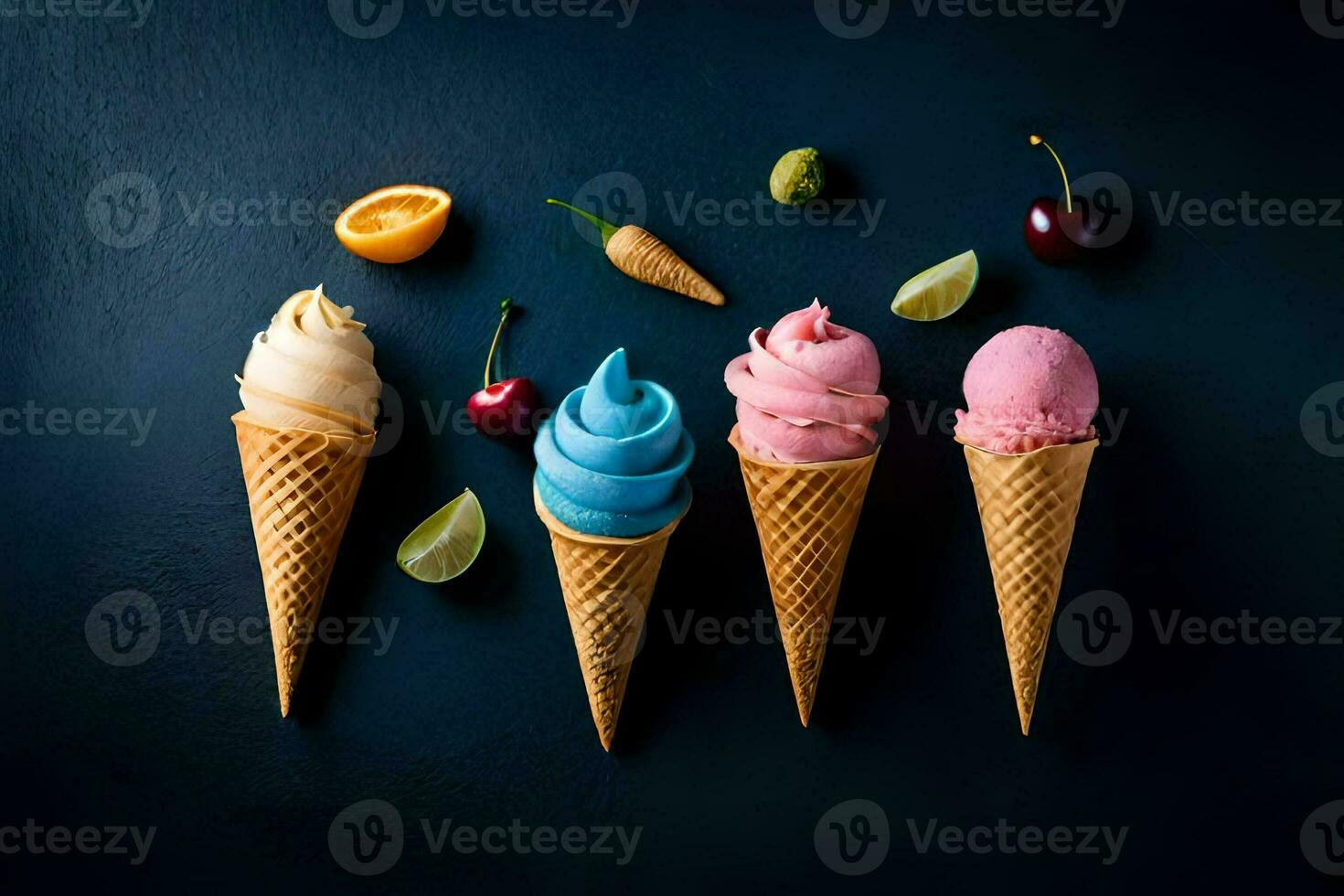 la glace crème dans gaufre cônes sur une foncé Contexte. généré par ai photo