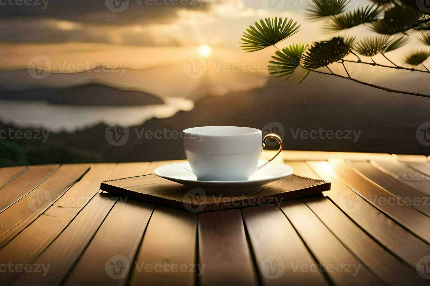 une tasse de café sur une en bois table dans de face de une magnifique voir. généré par ai photo