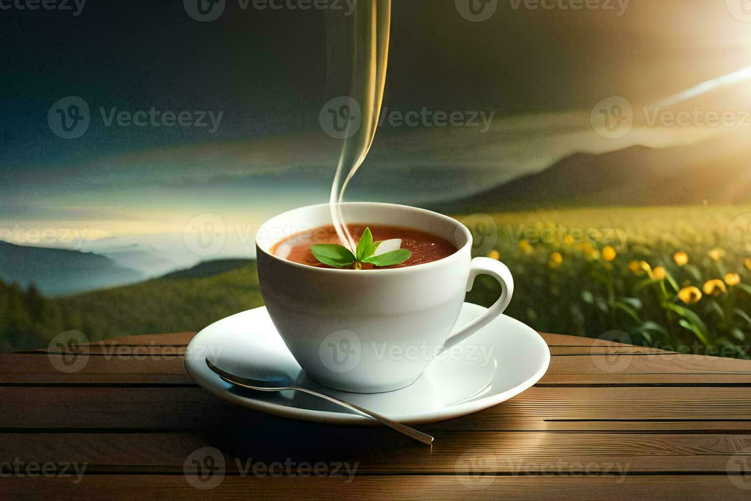 une tasse de café avec une vue de le montagnes. généré par ai photo