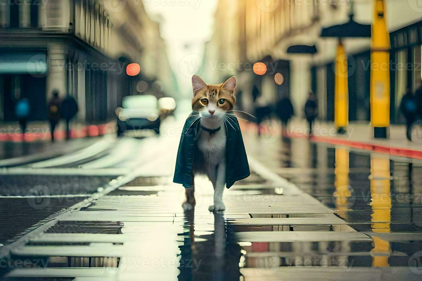 une chat en marchant sur une humide rue dans le pluie. généré par ai photo