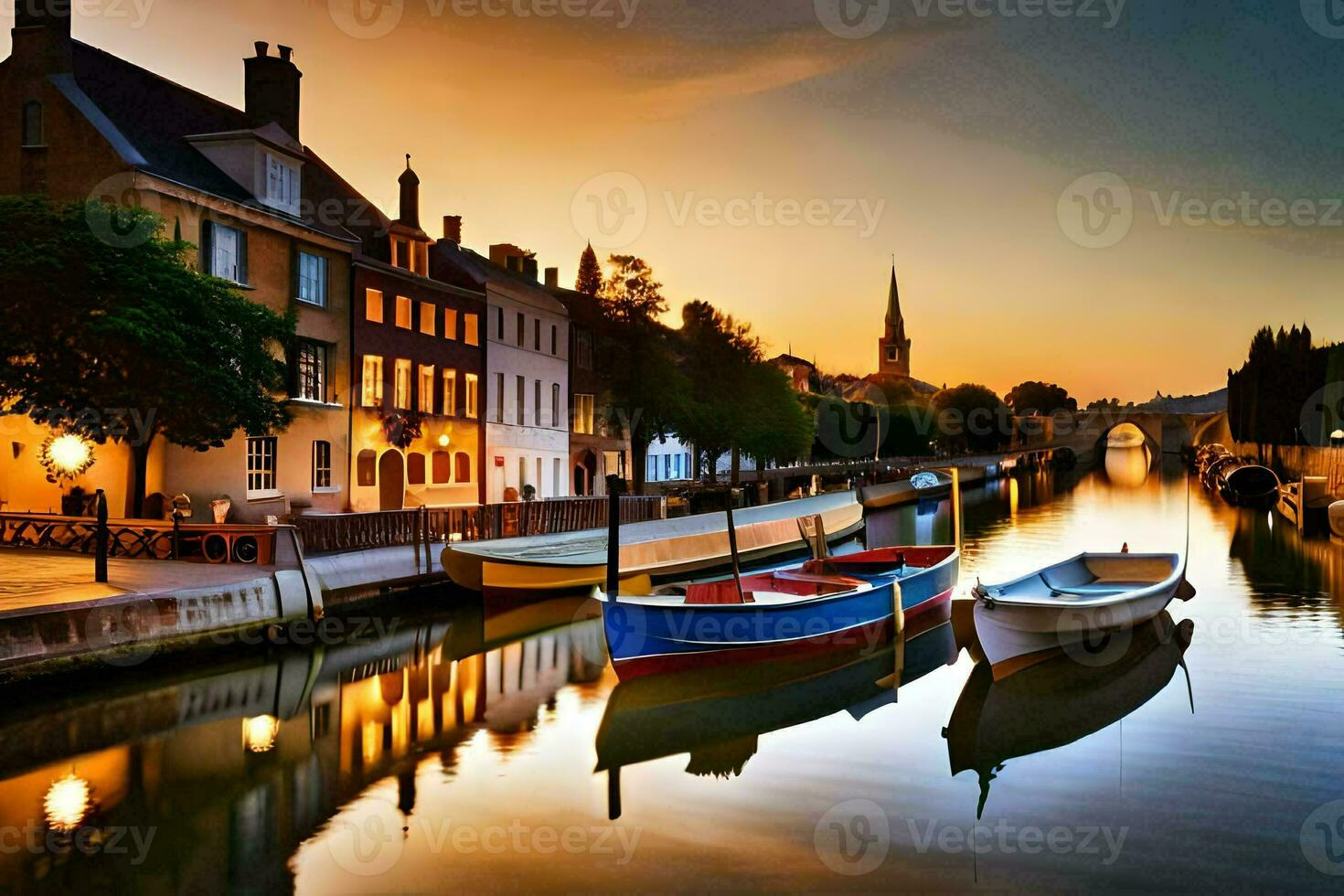 bateaux sont amarré dans une canal à le coucher du soleil. généré par ai photo