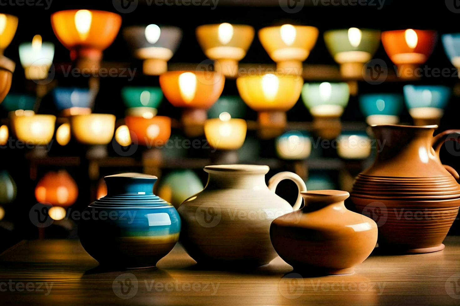 une groupe de coloré des vases sont séance sur une tableau. généré par ai photo