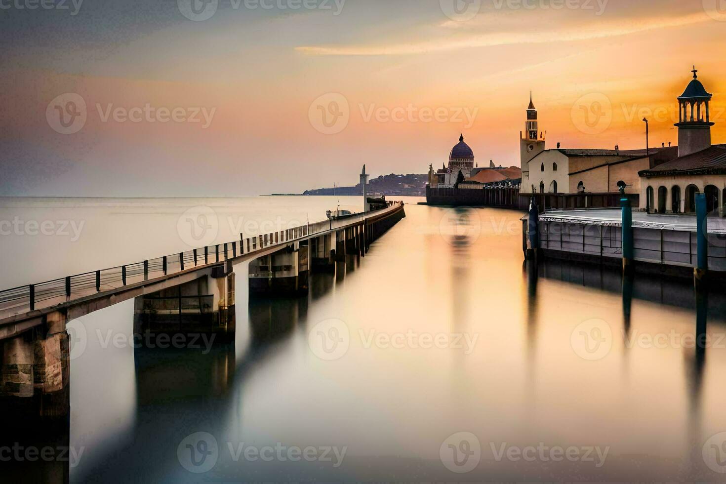 une longue exposition photographier de une jetée et une église à le coucher du soleil. généré par ai photo