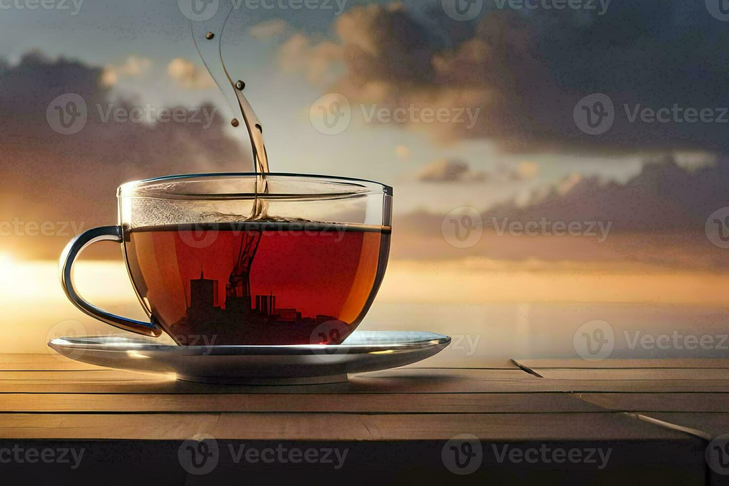 une tasse de thé sur une table avec une le coucher du soleil dans le Contexte. généré par ai photo