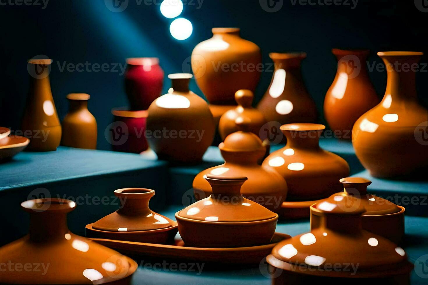 une collection de des vases et boules sur une tableau. généré par ai photo