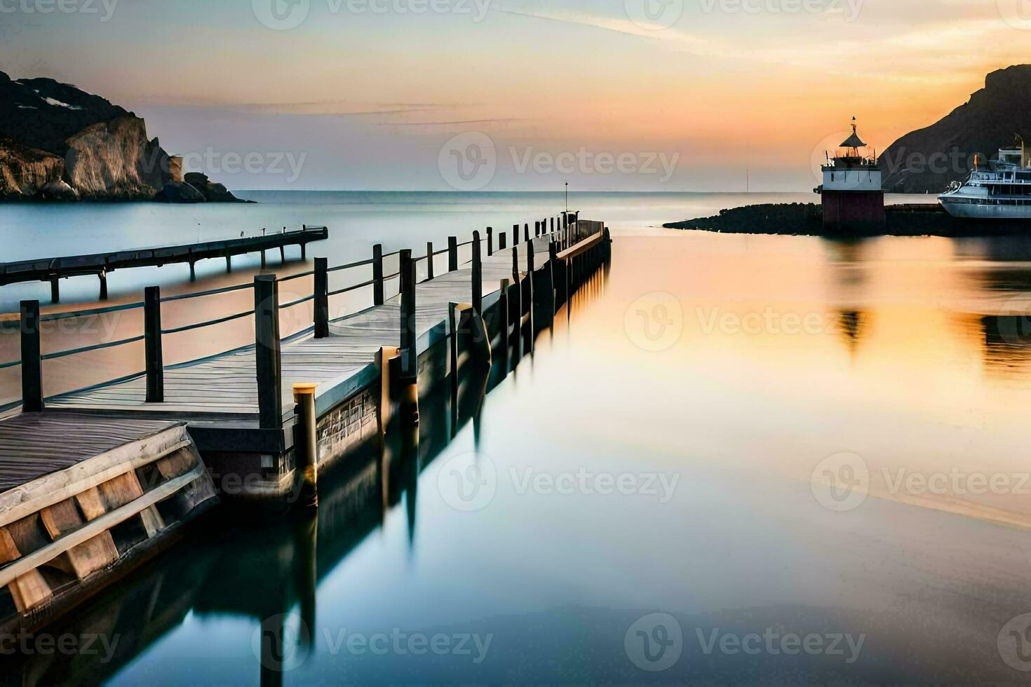 une jetée avec une phare à le coucher du soleil. généré par ai photo