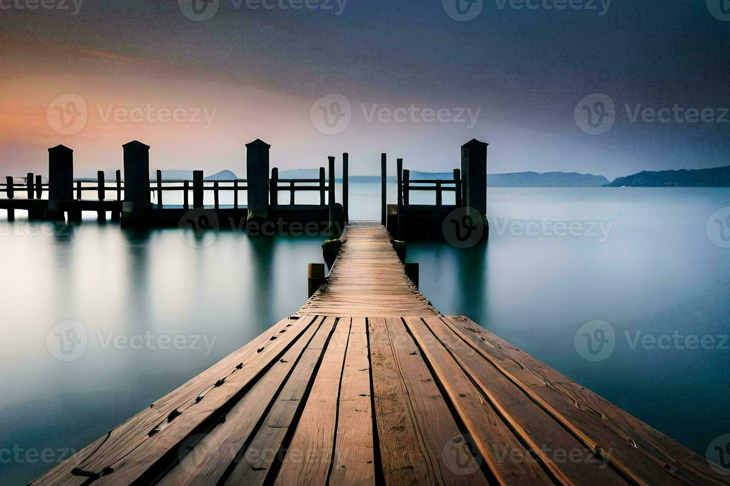 une en bois Dock étend dans le l'eau à le coucher du soleil. généré par ai photo