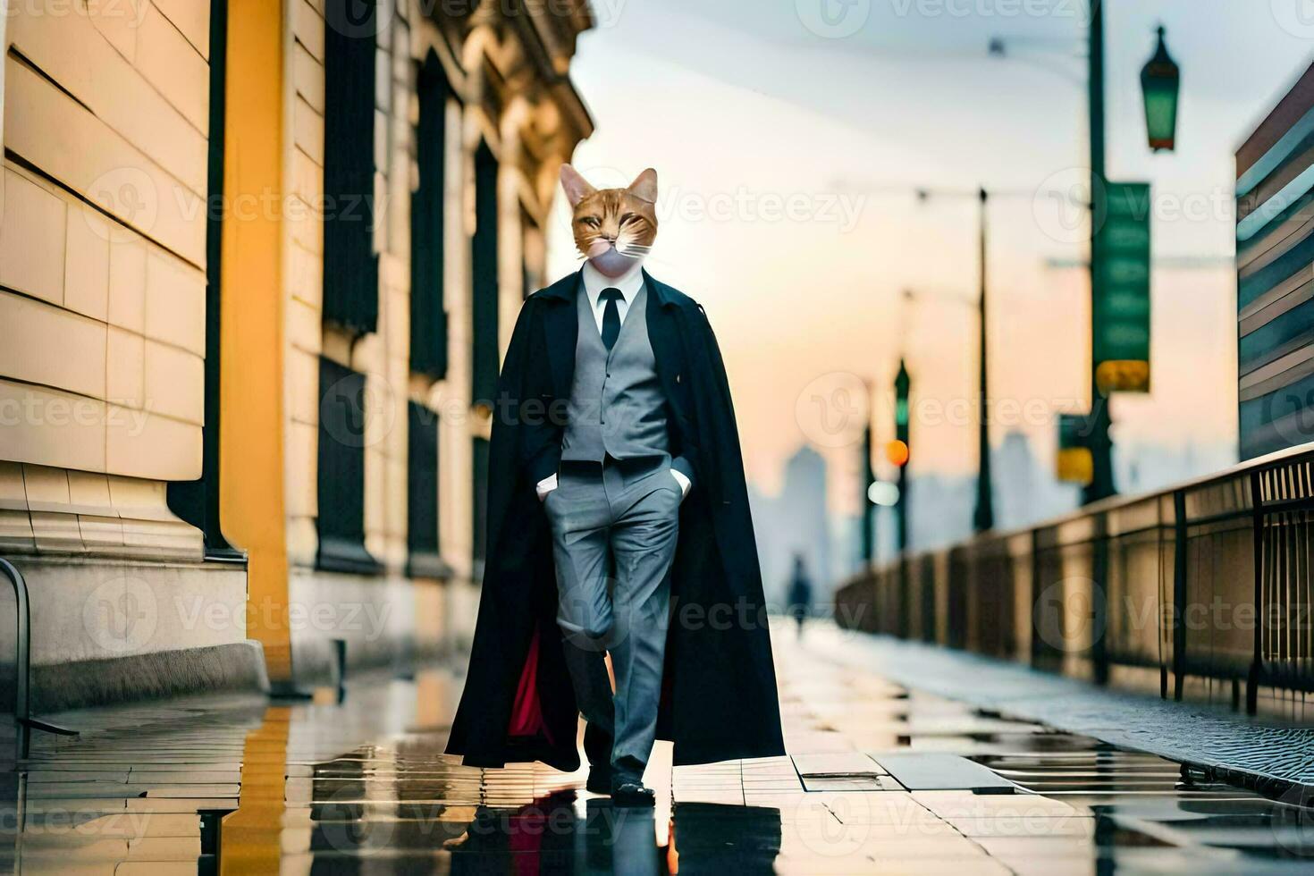 une chat habillé comme une homme dans une costume et cravate. généré par ai photo