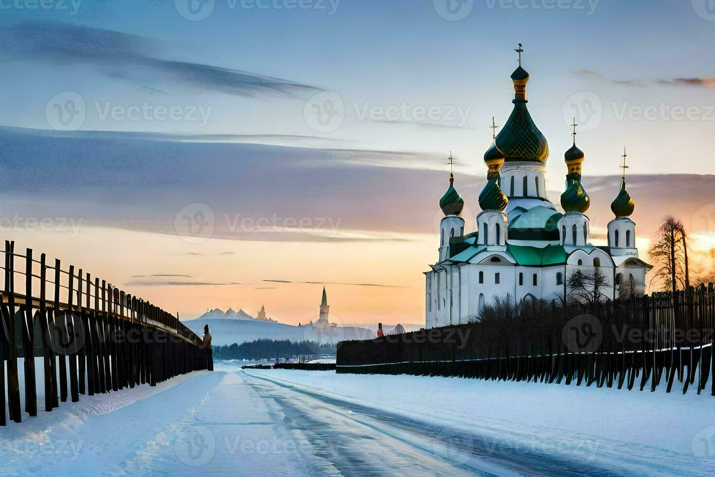 une neigeux route de premier plan à une église à le coucher du soleil. généré par ai photo