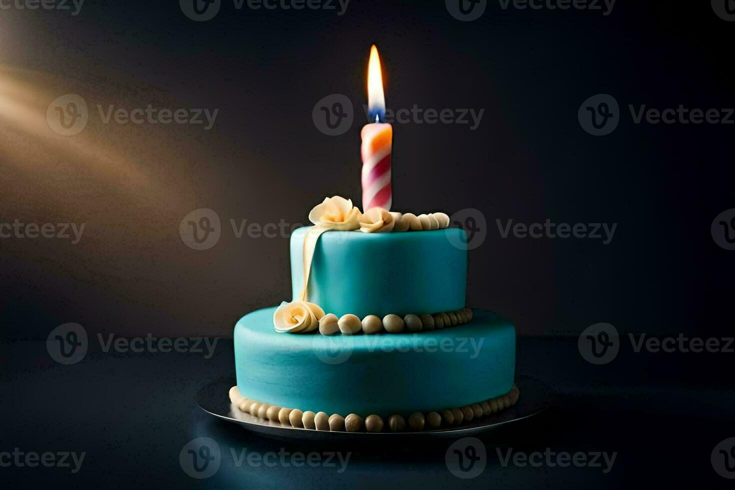 bleu anniversaire gâteau avec une allumé bougie. généré par ai photo