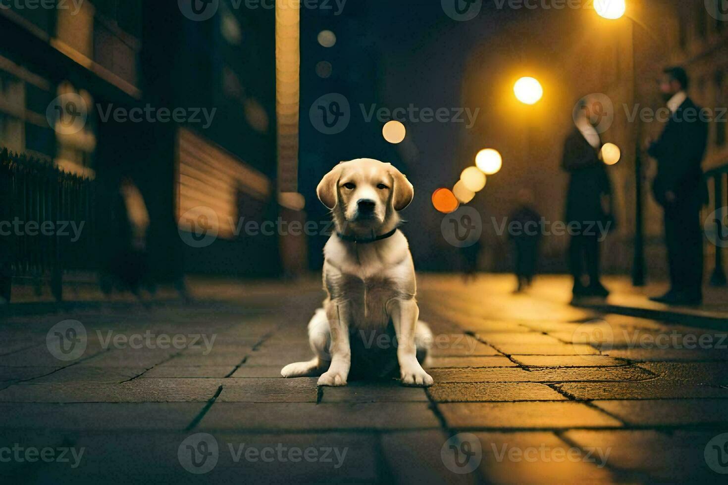 une chien séance sur le rue à nuit. généré par ai photo