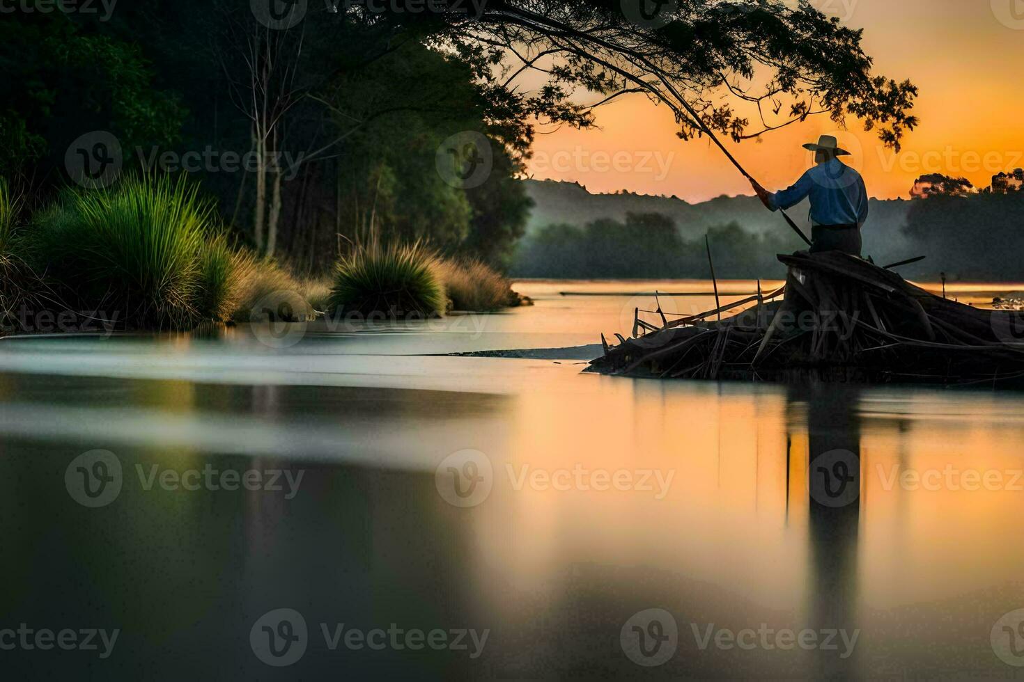 une homme pêche dans le rivière à le coucher du soleil. généré par ai photo