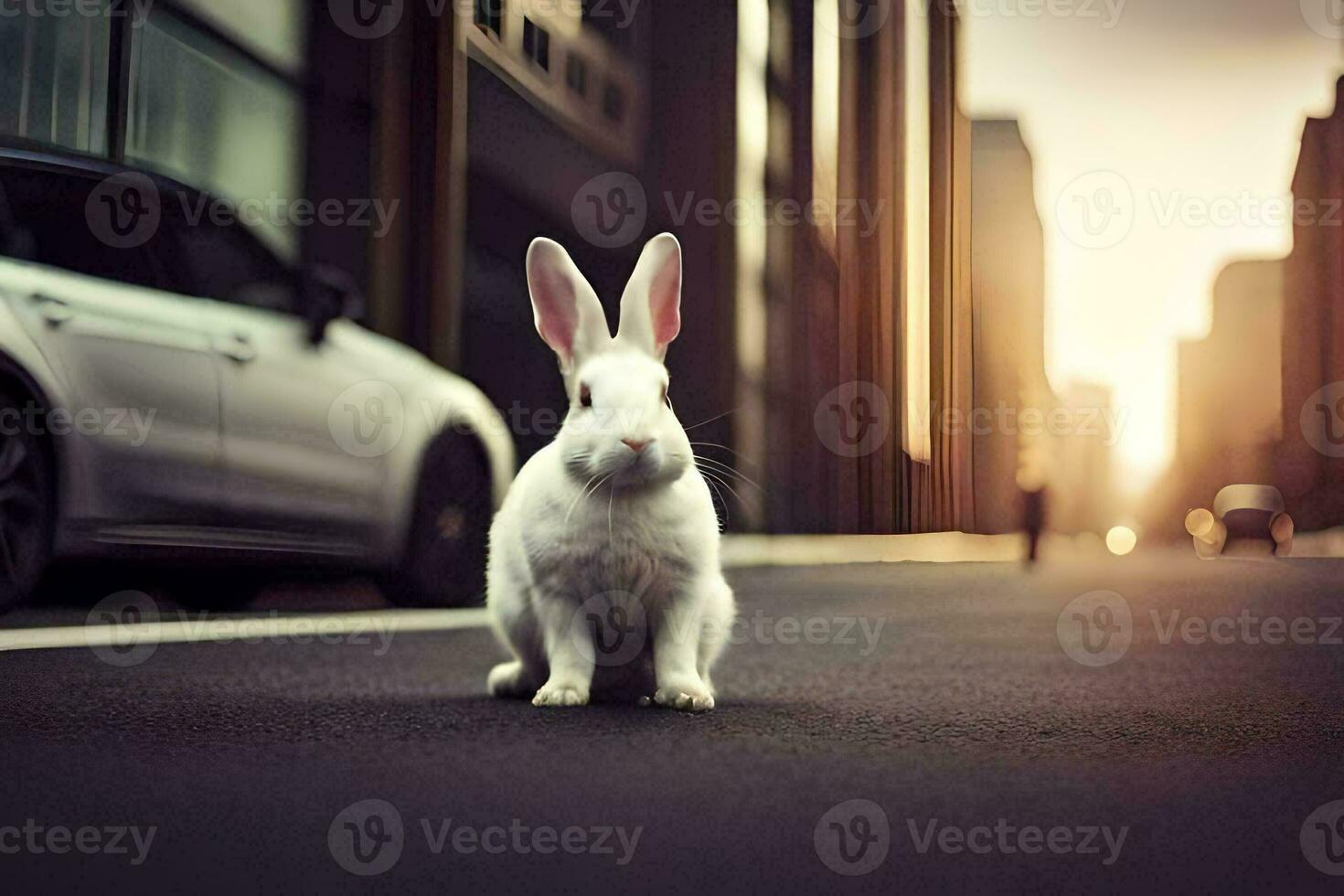 une blanc lapin est séance sur le rue dans de face de une auto. généré par ai photo