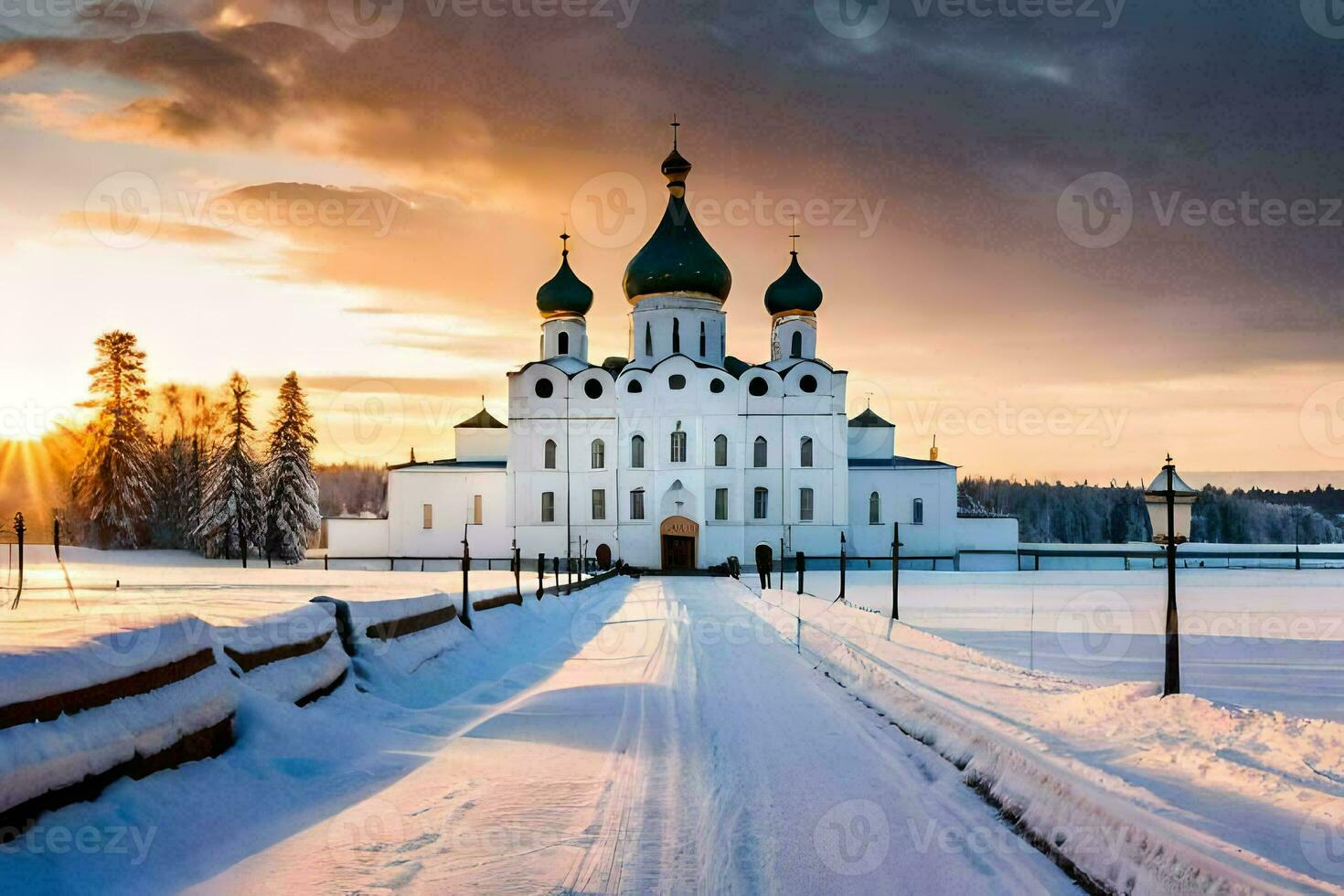 une église dans le neige avec une Soleil réglage derrière il. généré par ai photo