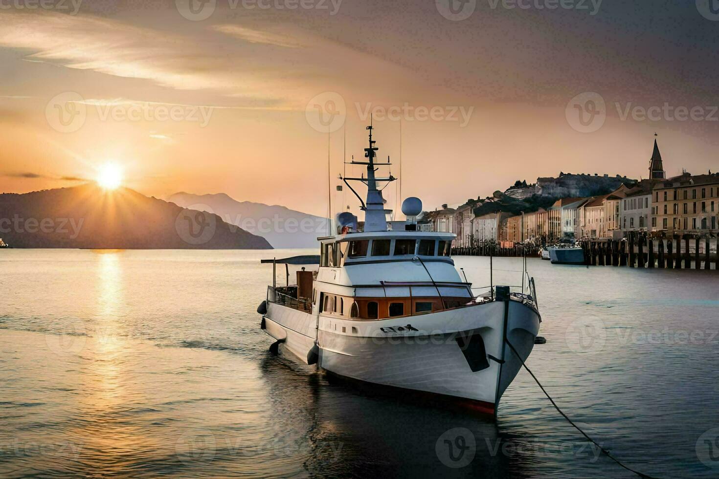 une bateau dans le l'eau à le coucher du soleil. généré par ai photo