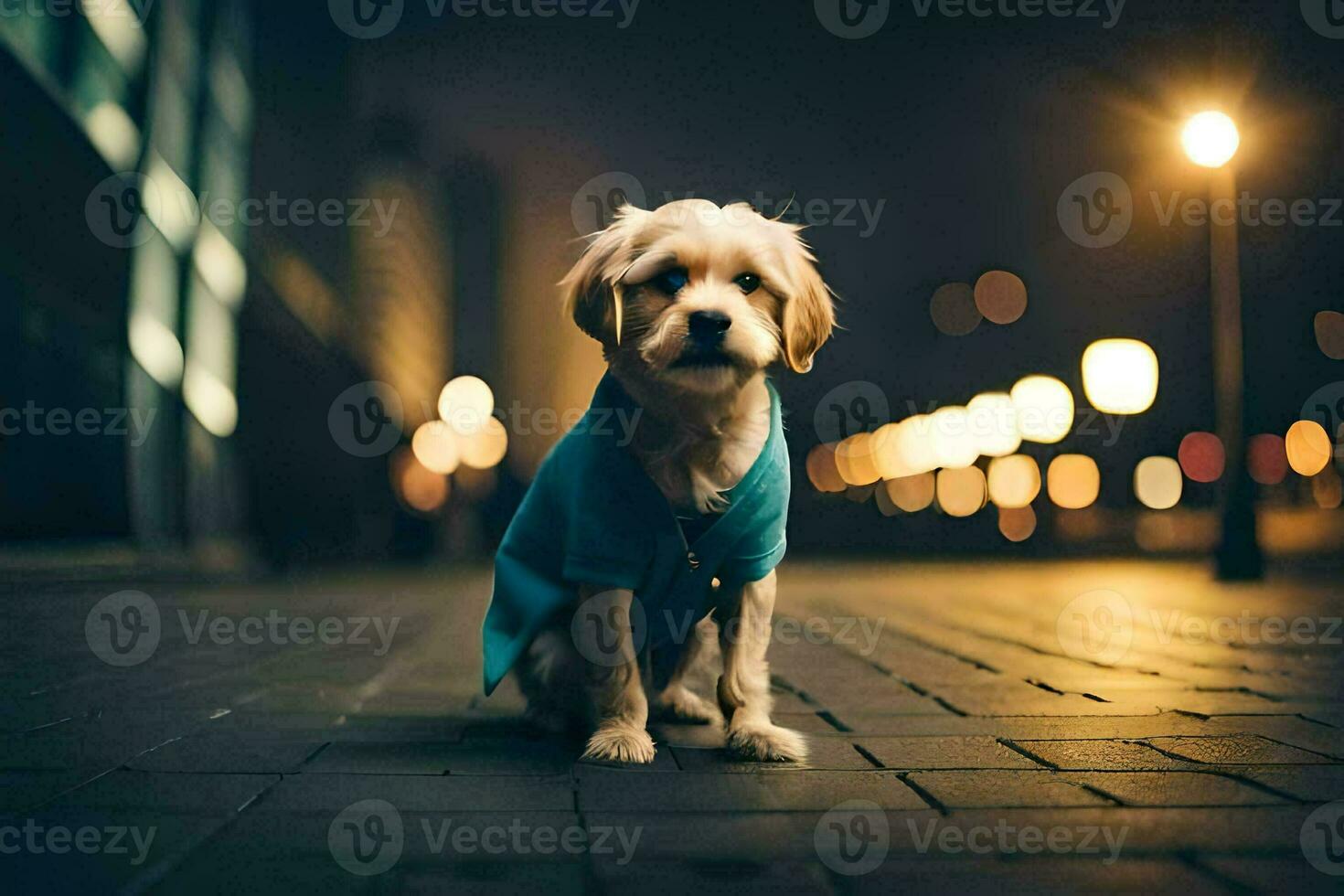 une chien portant une bleu chemise sur le rue à nuit. généré par ai photo