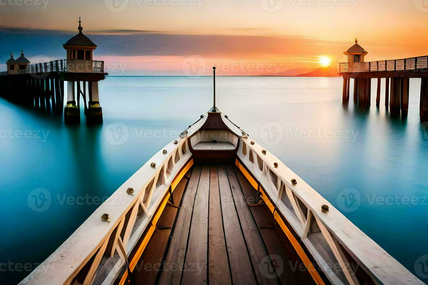 une bateau est amarré à le fin de une jetée à le coucher du soleil. généré par ai photo