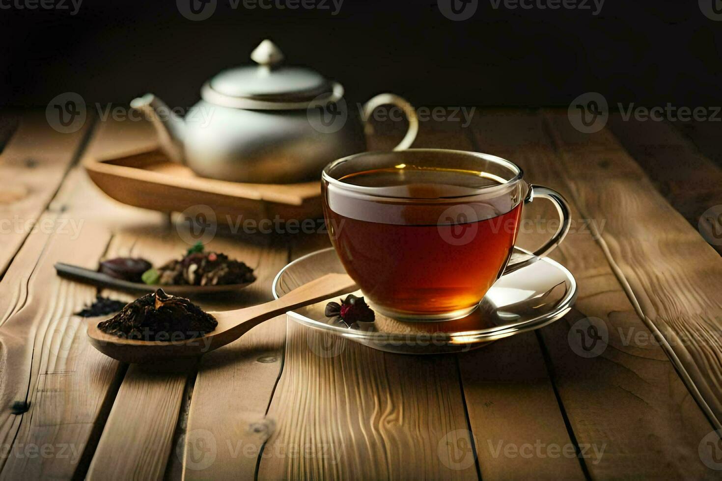 une tasse de thé sur une en bois tableau. généré par ai photo