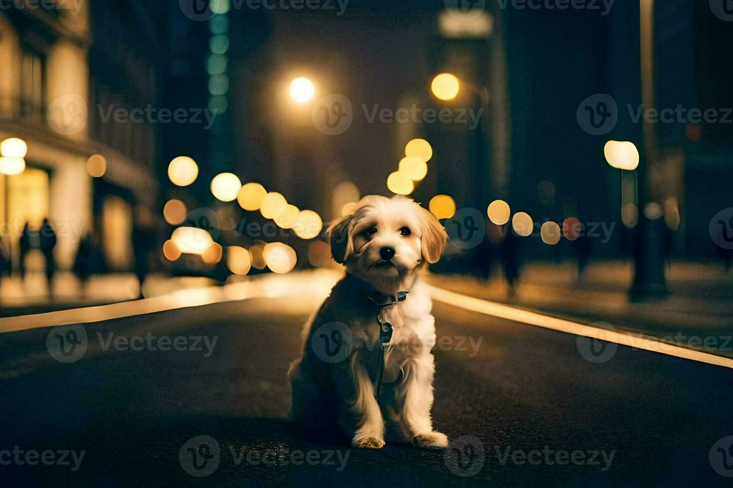 une chien séance sur le rue à nuit. généré par ai photo