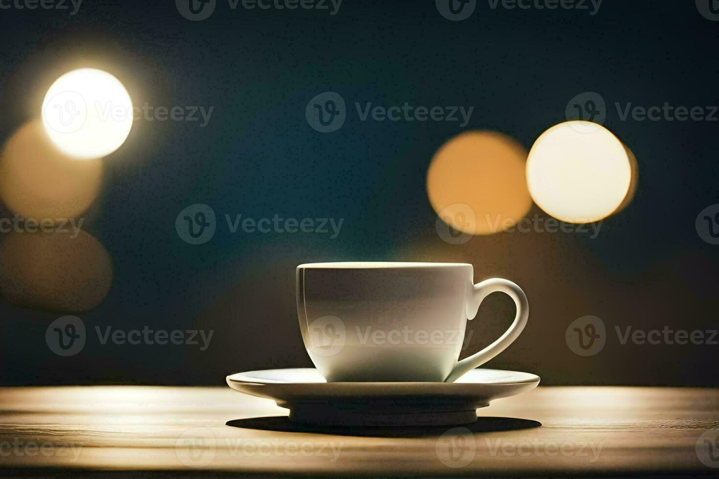 une tasse de café sur une table dans de face de une floue Contexte. généré par ai photo