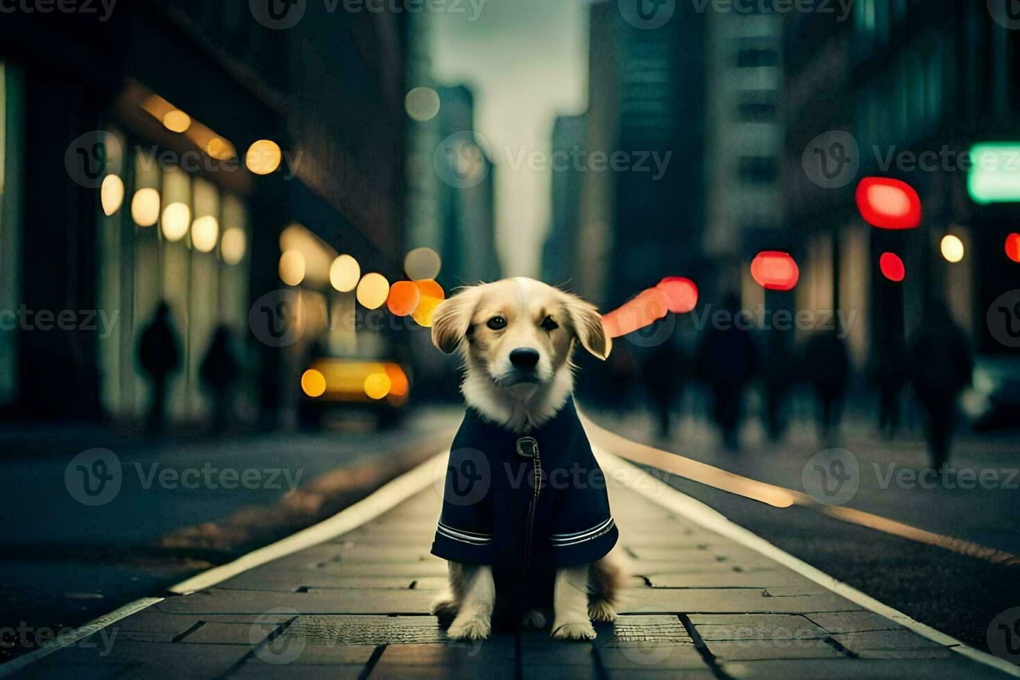 une chien portant une veste est assis sur le rue. généré par ai photo