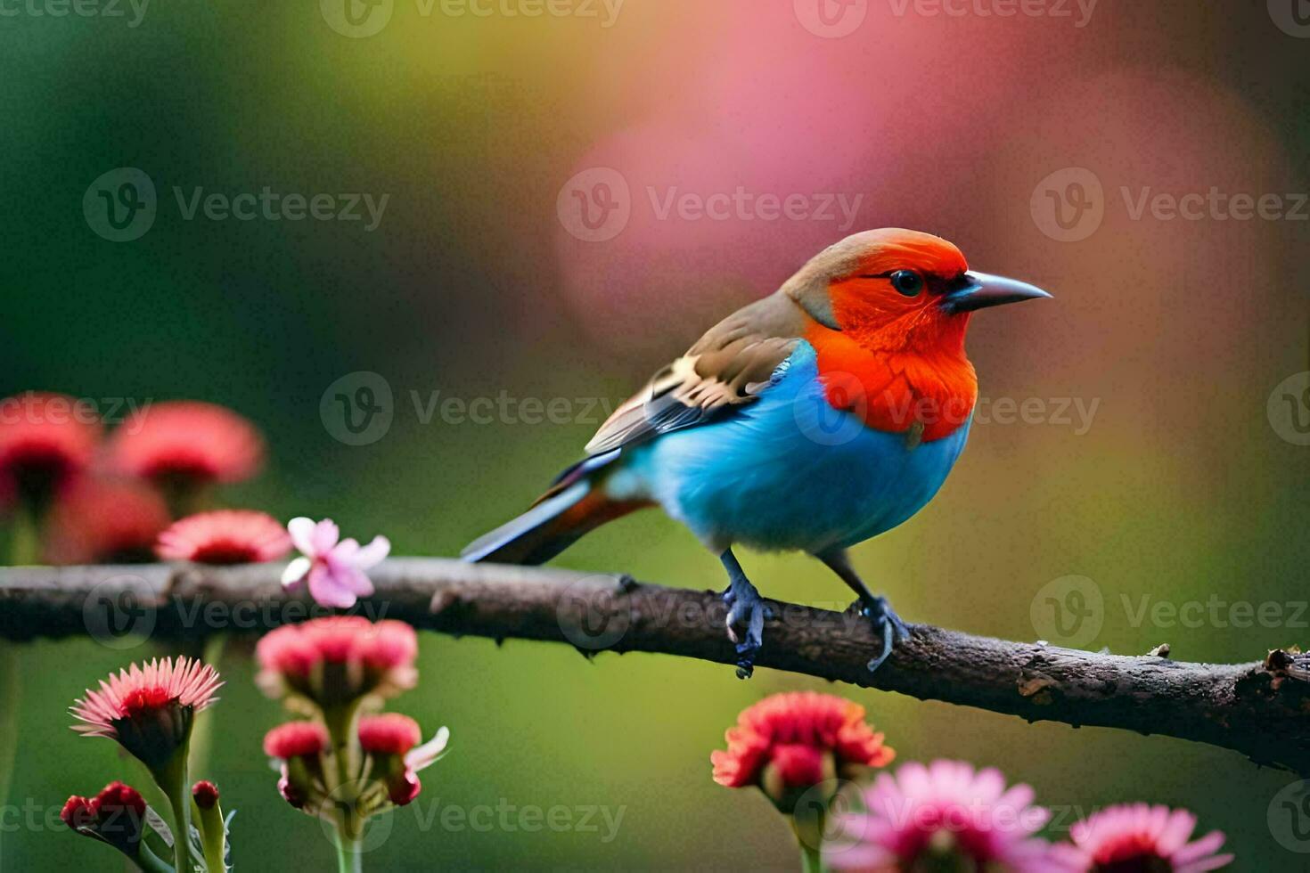 une coloré oiseau est assis sur une branche avec rose fleurs. généré par ai photo