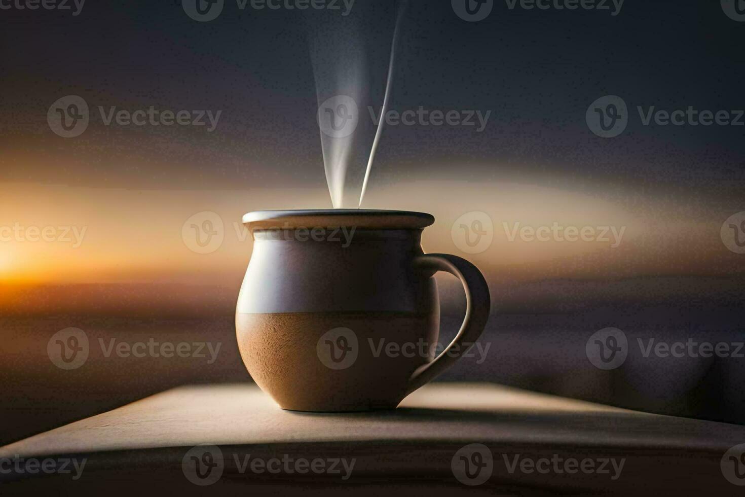 une tasse de café sur une table avec une le coucher du soleil dans le Contexte. généré par ai photo