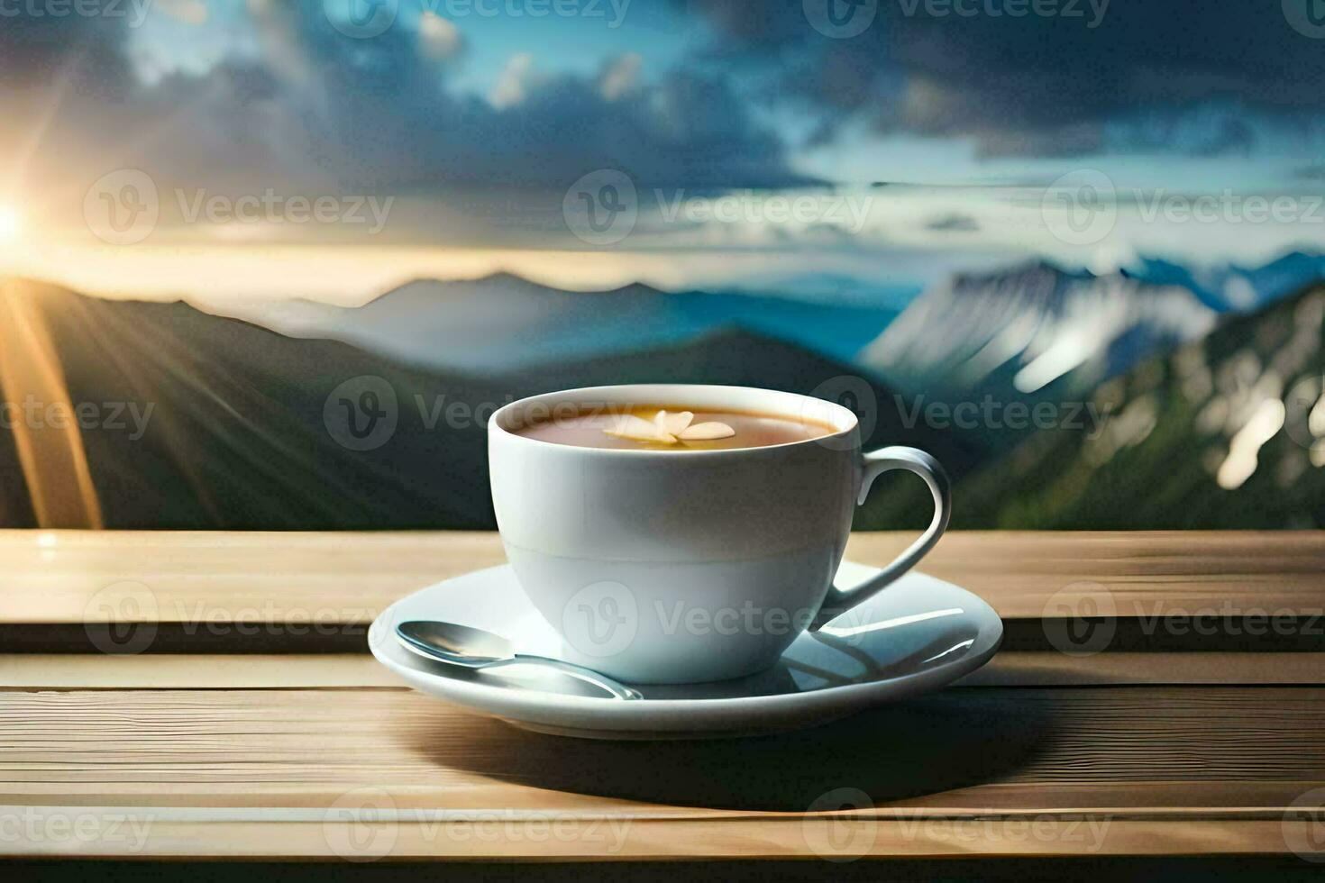 une tasse de café sur une en bois table avec montagnes dans le Contexte. généré par ai photo