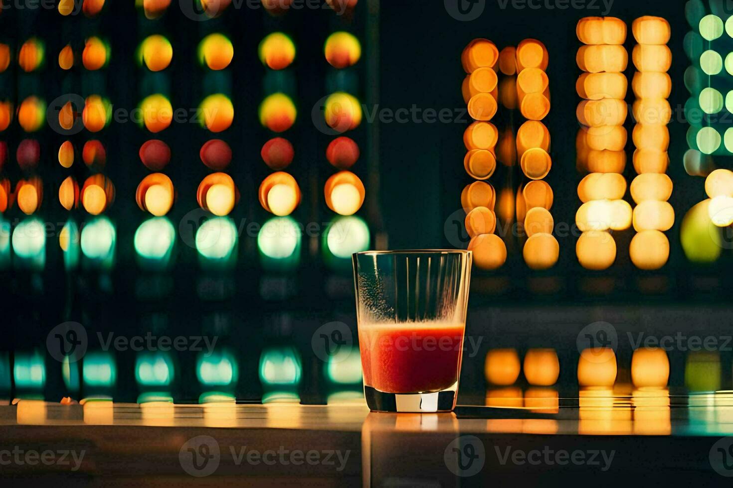 une verre de jus séance sur une table dans de face de une coloré Contexte. généré par ai photo